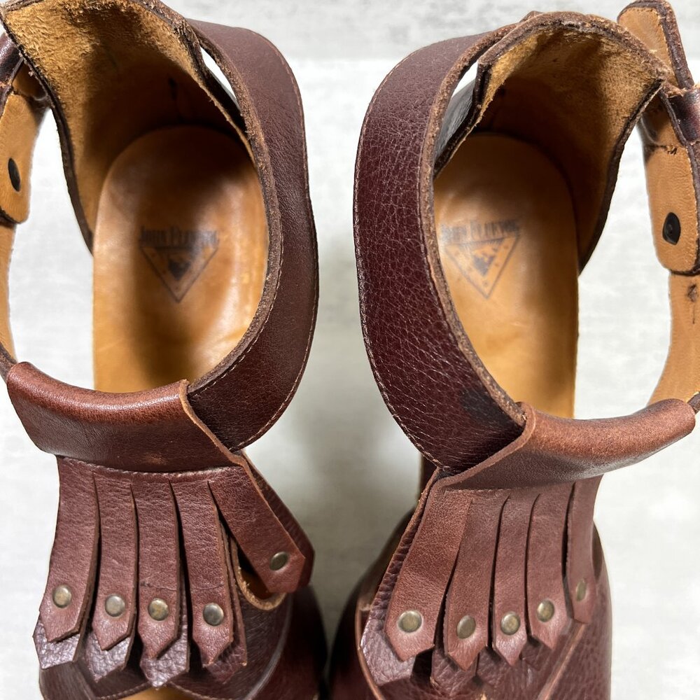 John Fluevog Rules Goodall Leather Fringe Heeled Sandals - Women's Size 8.5 - Picture 6 of 9